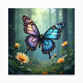 A Mystical Butterfly With Jeweled Wings, Fluttering Near A Giant Daisy In An Enchanted Forest Canvas Print