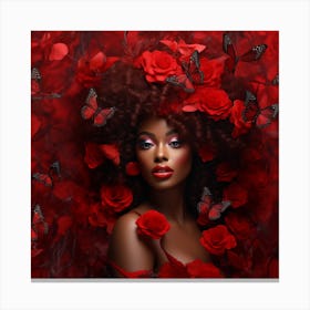 Black Woman With Red Roses And Butterflies Canvas Print