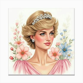 Princess Diana In Soft Watercolor With A Background Of Colorful Blossoms Canvas Print