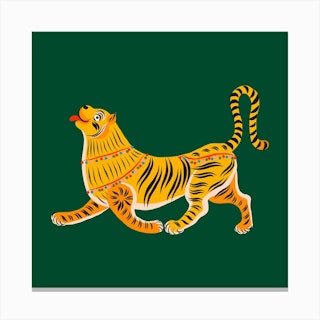 Happy Tiger Green Square Canvas Print
