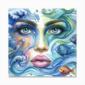 Watercolor Of A Woman With Fish Canvas Print