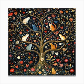 Folk Art Heart Tree Cat Climbing Artwork 3 Canvas Print