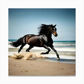 Black Horse Galloping On The Beach Canvas Print