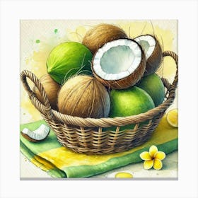 Watercolor's Basket Full Of Coconuts 4 Stampe su tela