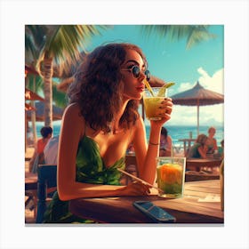 Girl Drinking Cocktail At The Beach Canvas Print