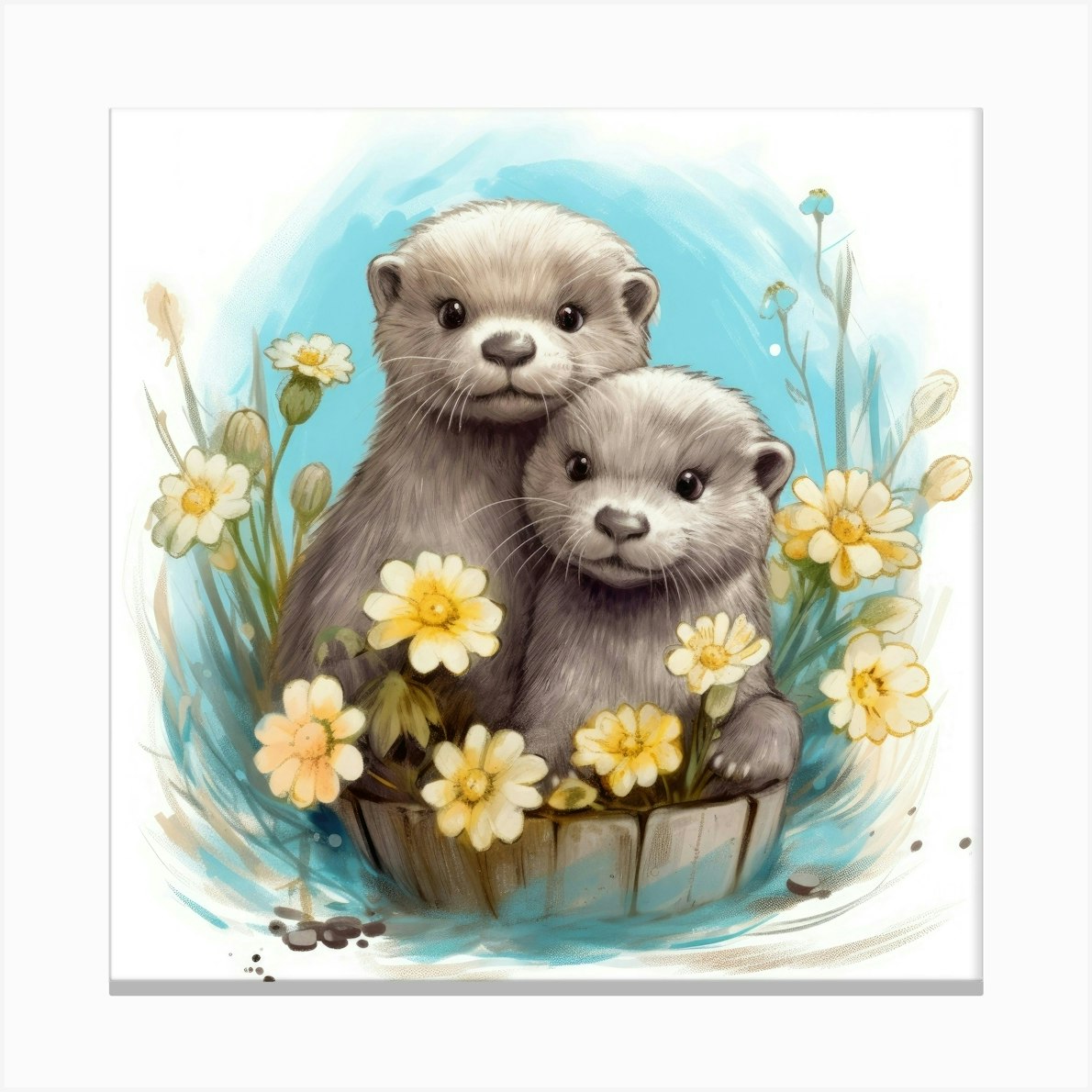 Otters In A Basket Canvas Print by Aloke Design