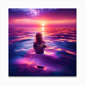 Woman In The Ocean At Sunset Canvas Print