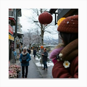 Woman Walks Down A Snowy Street Stampe su tela