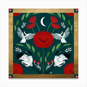 Poppies, Moon And Cranes Canvas Print