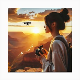 The Grand Canyon at its Finest: A Drone Camera and a Woman Travel Vlogger’s Silhouette in the Golden Light Canvas Print