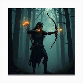 Mystical Elven Archer With Glowing Arrows In A Dark Forest 1 Canvas Print