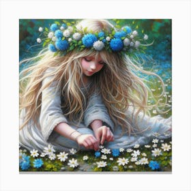 Little Girl With Blue Flowers Canvas Print