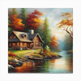 Serene lakeside cabin during the autumn season Canvas Print