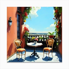 Balcony With table and chairs and vase of Flowers Canvas Print