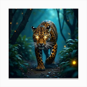 A Jaguar With Glowing Golden Eyes, Moving Stealthily Through A Jungle Filled With Bioluminescent Plants Canvas Print