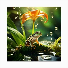 Magnified Single Drop Of Water Cradling A Miniature Ecosystem Tropical Forest With A Green Frog Per Canvas Print