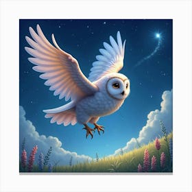 A Mystical Owl With Sparkling Feathers, Flying Through A Starry Sky Over A Dreamlike Meadow Canvas Print