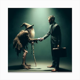 Businessman Shaking Hands With A Wizard Canvas Print