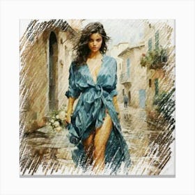 Woman In A Blue Dress Canvas Print