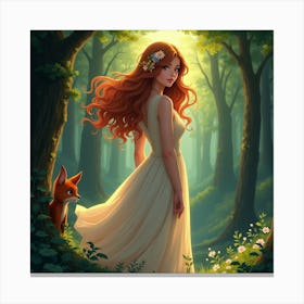 Fox And Girl In The Forest Canvas Print