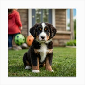 Bernese Mountain Dog puppy with brown eyes, wearing a bright green bandana with white designs. The image should capture Lemmy in an adorable, eye-catching pose that embodies the playful and loving nature of a puppy. The image should be in the vivid and detailed 3d animation. Set the background to a front porch, in the background you can see 3 pairs of girls shoes, 2 toddler size and one teenagers making it colorful and engaging. Canvas Print