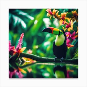 Toucan amongst the Green Leaves and Exotic Flowers of the Rainforest Canvas Print