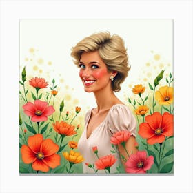 Smiling Princess Diana In A Watercolor Field Of Vibrant Blooming Flowers 1 Canvas Print