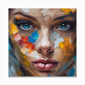 Oil portrait painting in multicolored tones. Abstract picture of a beautiful girl. Conceptual closeup of an oil painting and palette knife on canvas Canvas Print