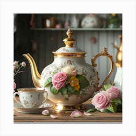 A very finely detailed Victorian style teapot with flowers, plants and roses in the center with a tea cup 12 Canvas Print