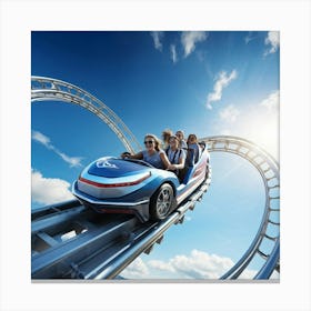 Roller Coaster Car Crests A Sky High Peak Sunlight Glinting Off Metallic Tracks Riders Gripping Wi Canvas Print