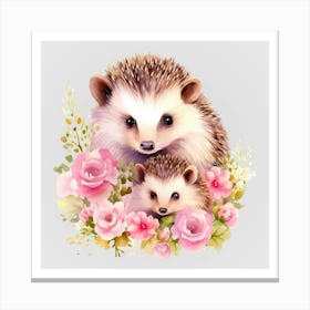 Watercolor Spring Mama And Baby Hedgehogs Canvas Print