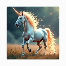 A Mythical Unicorn With A Mane Of Sparkling, Celestial Dust Galloping Through A Surreal Meadow Canvas Print