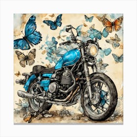 Blue Motorcycle With Butterflies Canvas Print