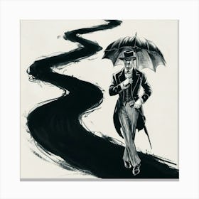 ine path. The man is dressed in a vintage ensemble, holding onto an old-fashioned umbrella. The path is shrouded in complete darkness, with only the faint silhouette of the man and the subtle outlines of the winding path visible. The ink lines are bold and dramatic, creating an atmosphere of mystery and suspense... Canvas Print