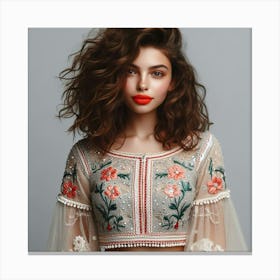 Beautiful Young Woman In Embroidered Top Canvas Print