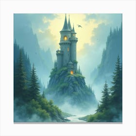 Enchanted Tower Surrounded By Magical Mist, Watercolor 1 Canvas Print