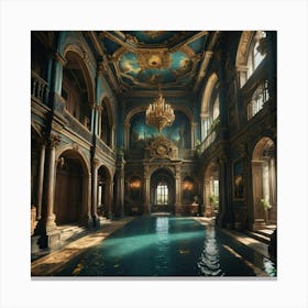 interno palazzo antico con piscina colore oro finestre archi Canvas Print