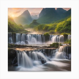 Beautiful natural landscape of waterfalls and mountains at dawn Canvas Print
