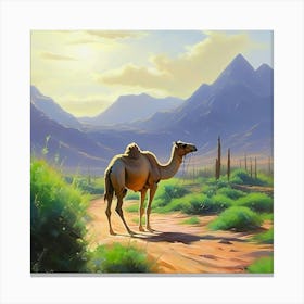 A Camel Walking In The Desert Amid Mountains And Green Plants Acrylic Painting Trending On Pixiv F Canvas Print