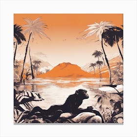 A Silhouette Of A Ape Wearing A Black Hat And Laying On Her Back On A Orange Screen, In The Style Of (2) Canvas Print