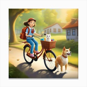 Girl Riding A Bike With Dog Canvas Print