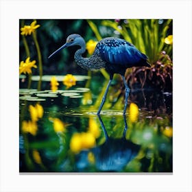 Yellow Lagoon Flowers with Wading Blue Bird Canvas Print