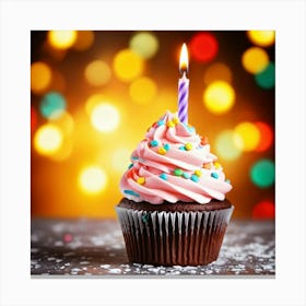 Birthday Celebration Cupcake Adorned With Vibrant Hued Frosting Single Candle Alight Casting A So (4) Canvas Print