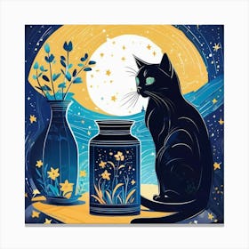 starry night Cat In The Moonlight with vase Canvas Print