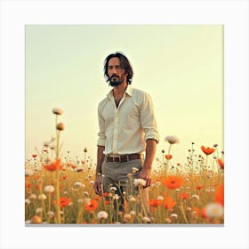 Keanu Reeves In A Serene Watercolor Field Of Wildflowers With Soft Light Canvas Print