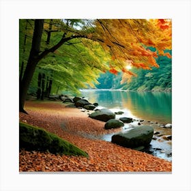 Autumn Leaves By The Lake Canvas Print
