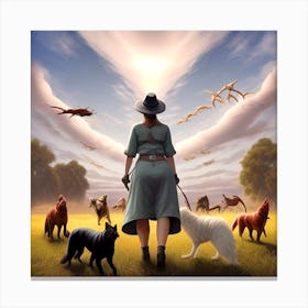 Woman Walking Dogs In A Field Canvas Print