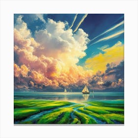 Serene Seascape Painting—a vibrant artwork capturing golden sunbeams piercing through clouds above sailboats on calm waters, ideal for art collectors and maritime decor. Canvas Print
