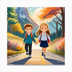 School Kids Walking On The Road Canvas Print