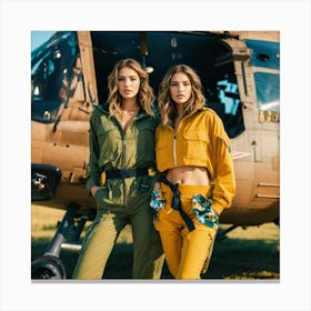 Two Women Standing In Front Of A Helicopter Wall Art Decoration Leinwandbild